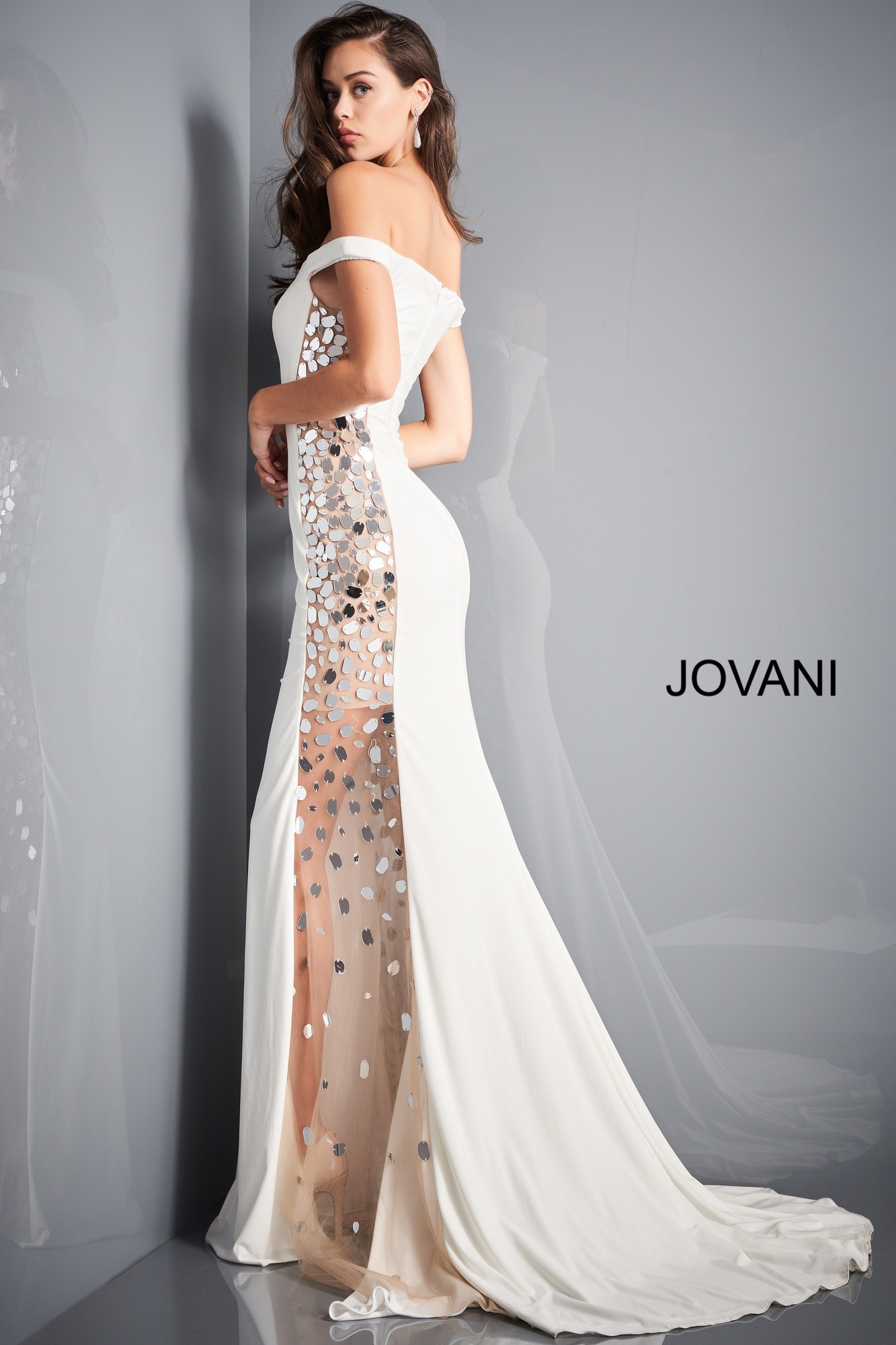 Jovani 03615 | Off White Off the Shoulder Embellished Prom Dress