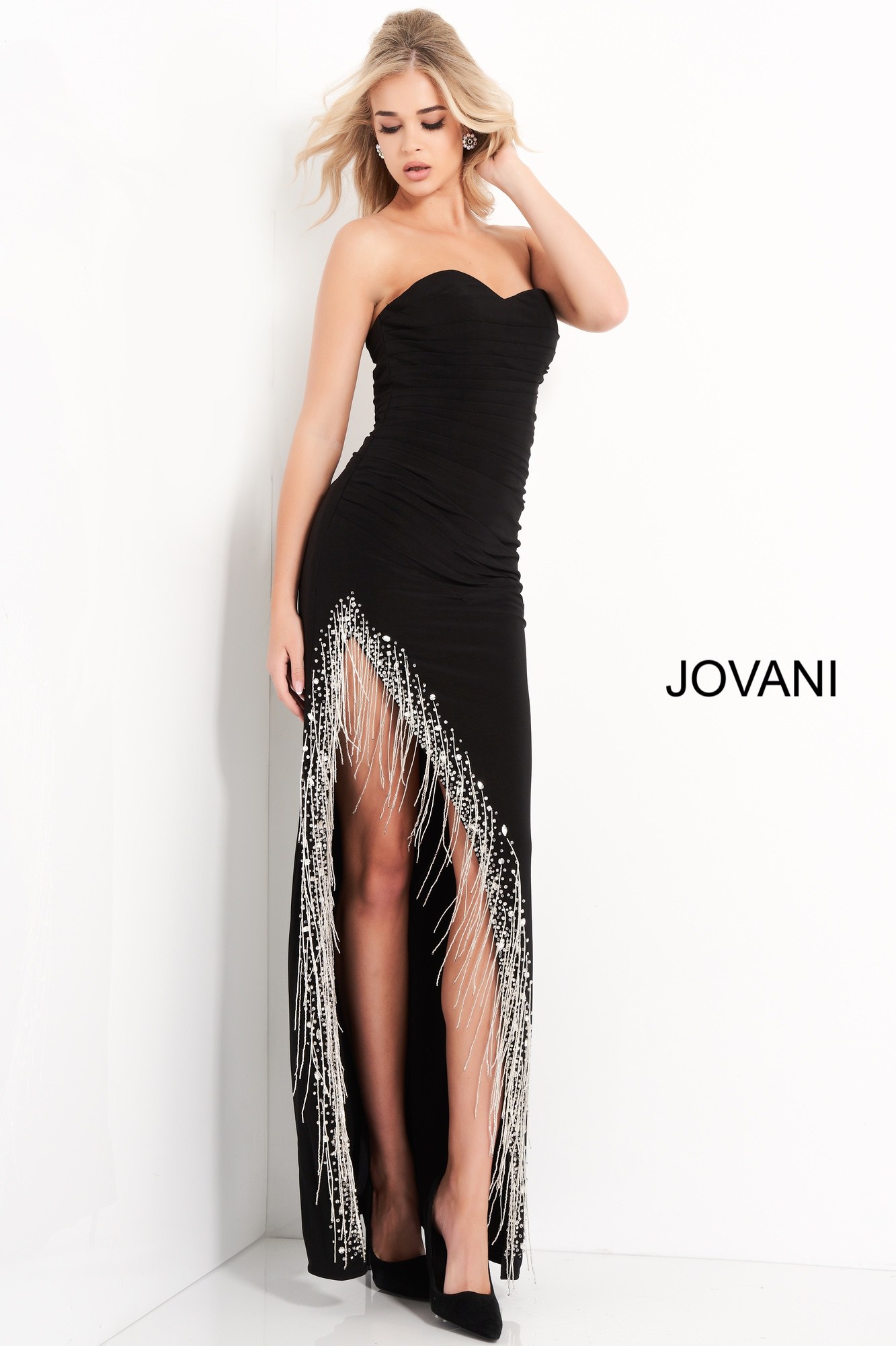 Jovani 03972 | Black Fringe Trim Slit Jersey Prom Dress