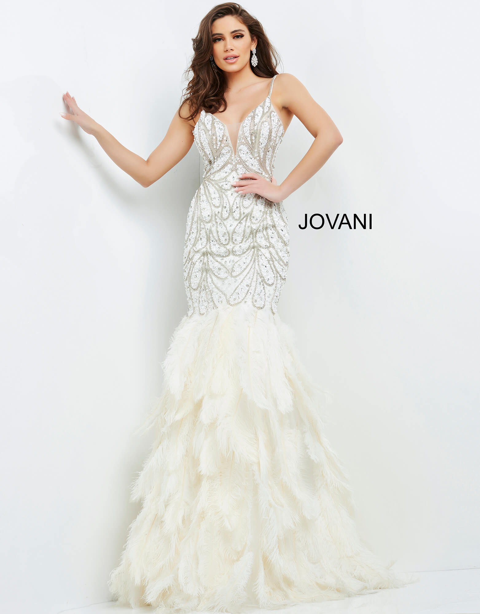 Jovani 04625 | Off White Beaded Feather Bottom Prom Dress