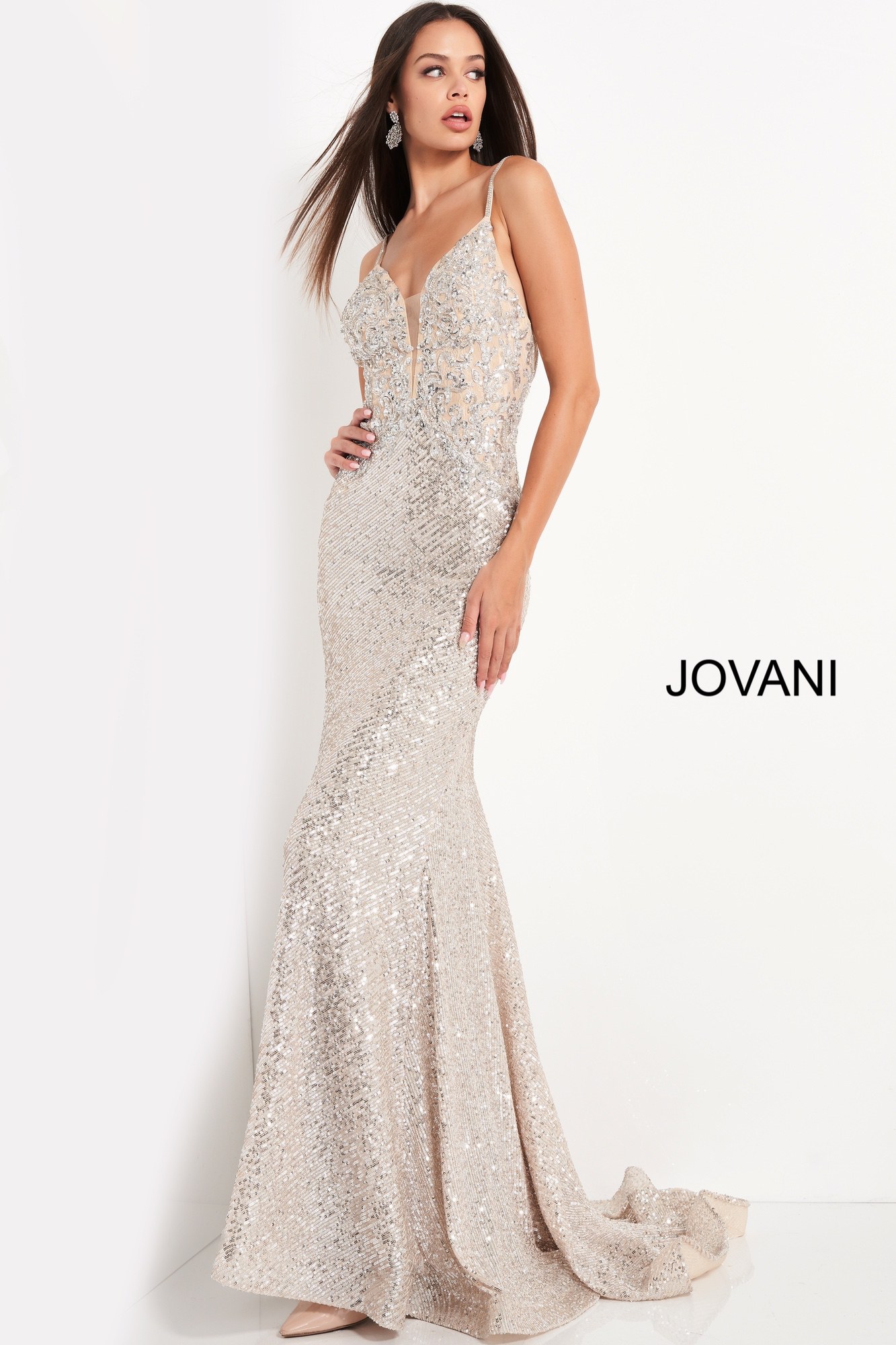 Jovani 05805 | Silver Sequin Skirt Embroidered Bodice Prom Dress