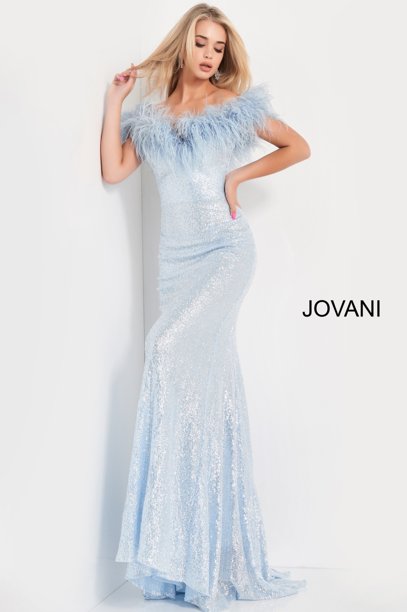 Jovani 06166 | Blue Off the Shoulder Sequin Prom Dress