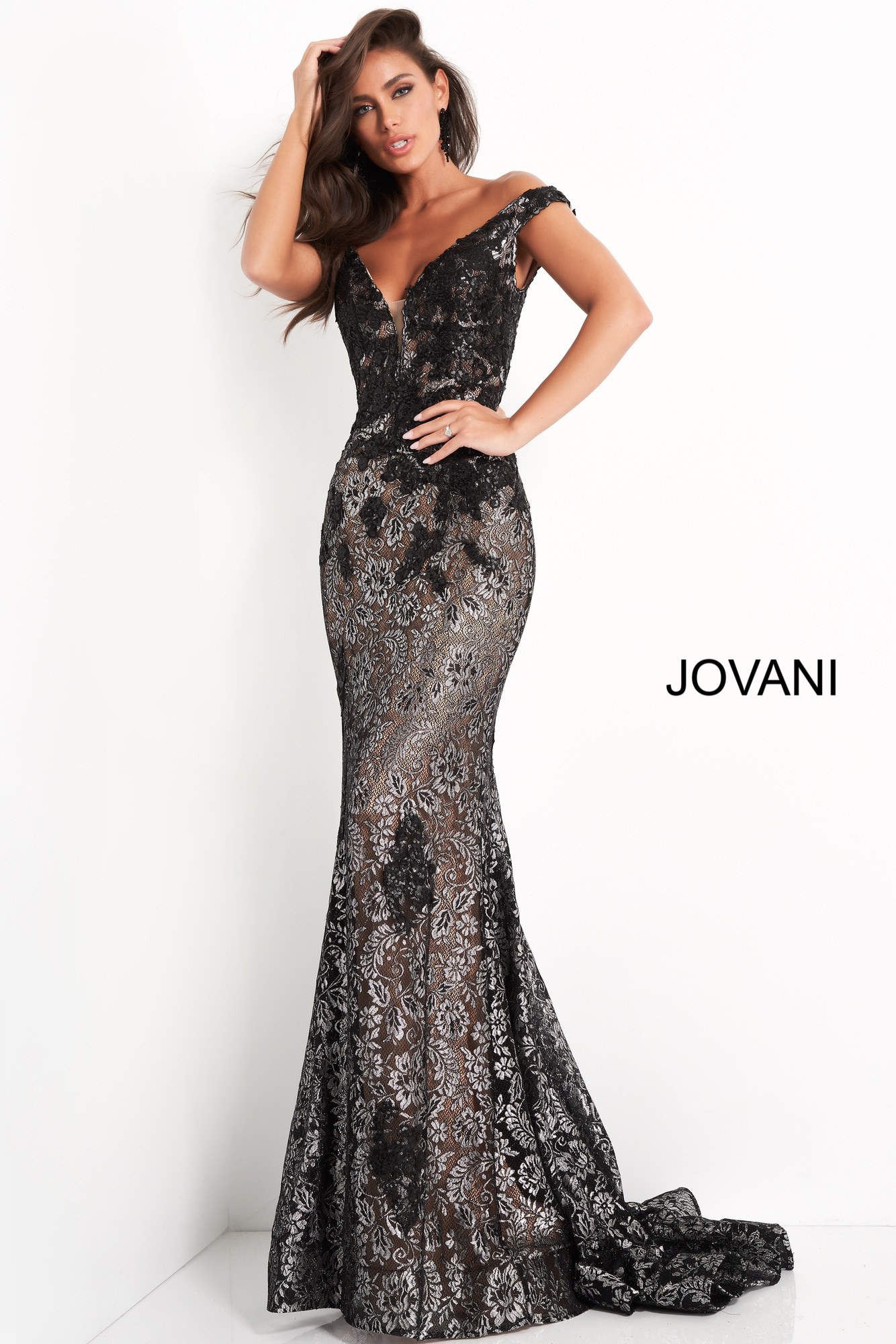 Jovani 06437 | Black Metallic Lace Embroidered Prom Dress