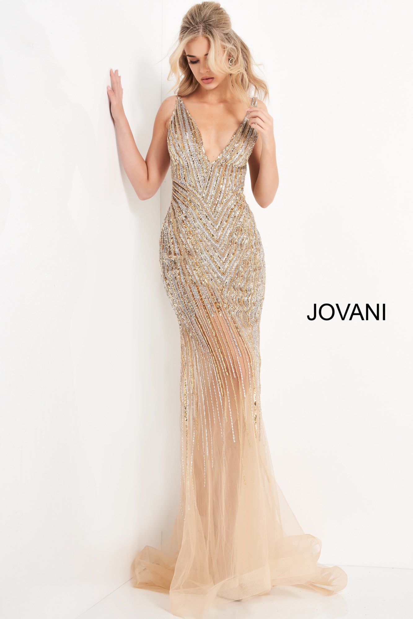 Jovani 1162 Nude Embellished V Neck Prom Dress
