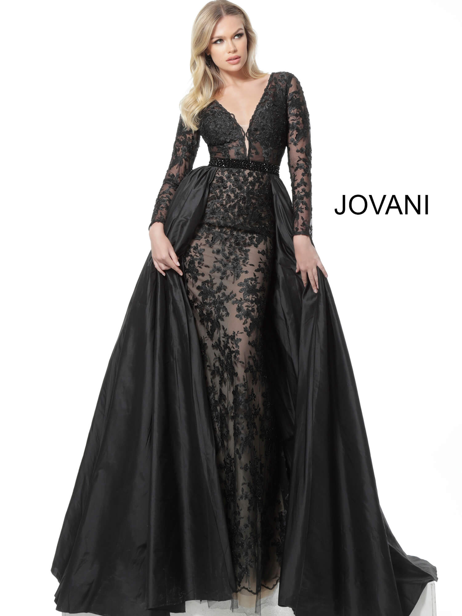Jovani 67466 | Black Plunging Long Sleeve Evening Gown