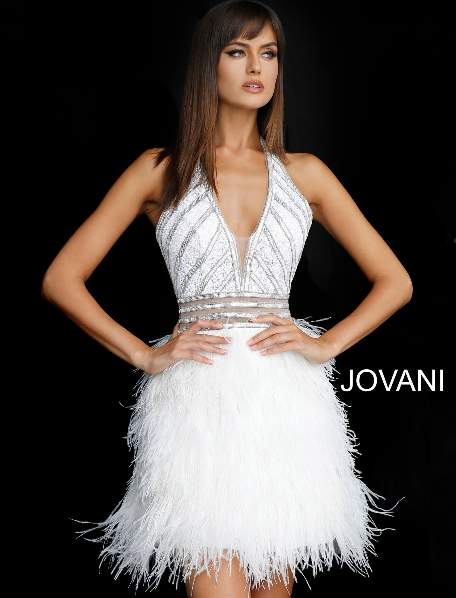 Off-White Silver Halter Feather Short Dress