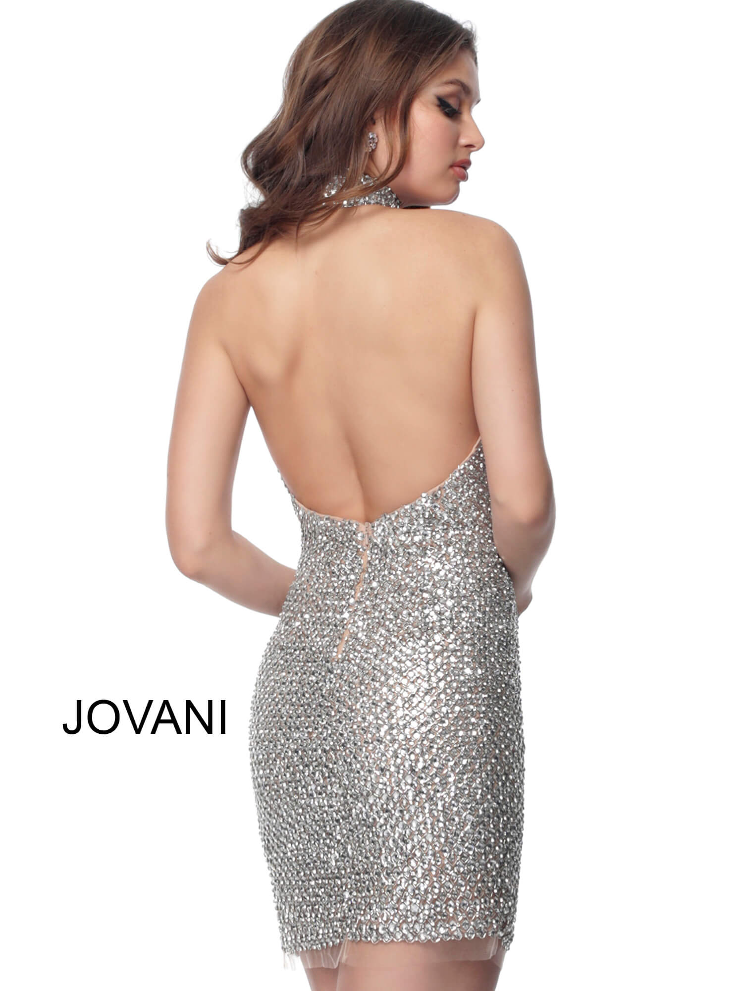 Jovani 4247 Silver nude fitted long beaded high slit 