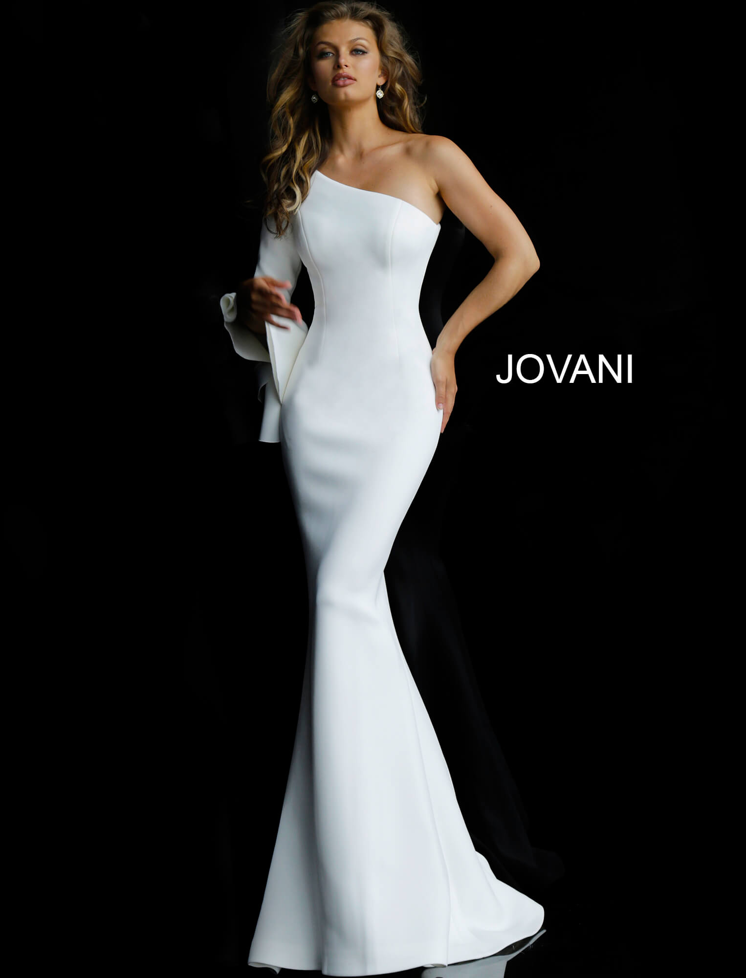 Jovani 66821 White bell sleeve asymmetrical wedding dress