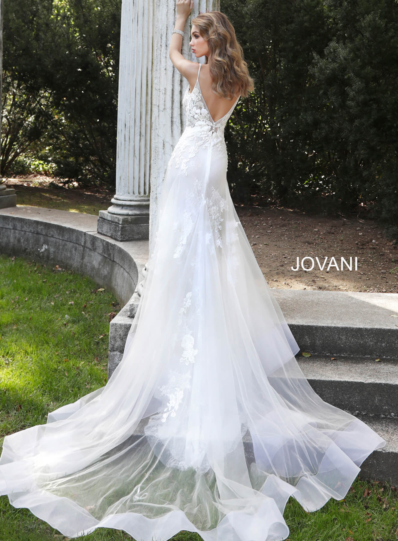 Jovani JB65930 | White Floral Long Train Wedding Dress