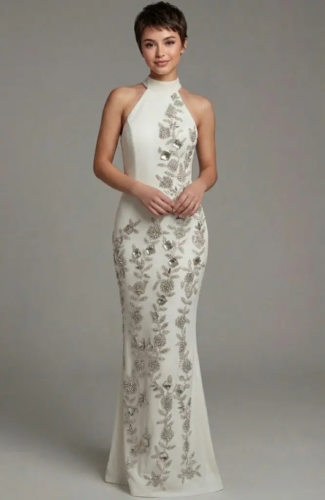 embellished white dress on Petite model