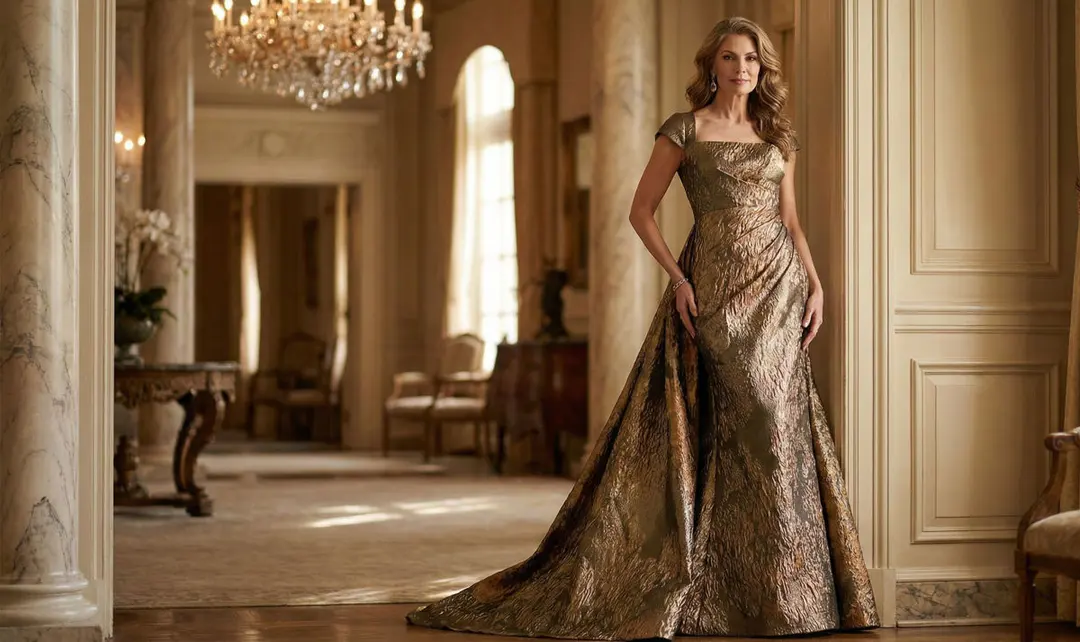 Mother of the bride in a modest gold textured gown with a train, showing stylish coverage.