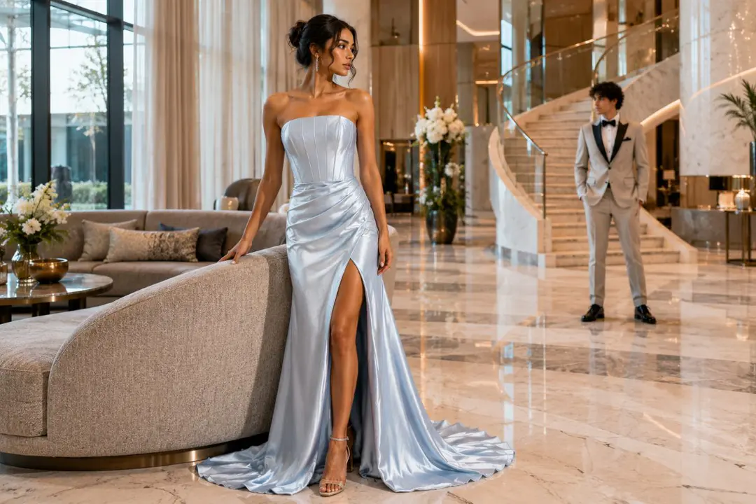 Satin prom dress coordinated tuxedo textures