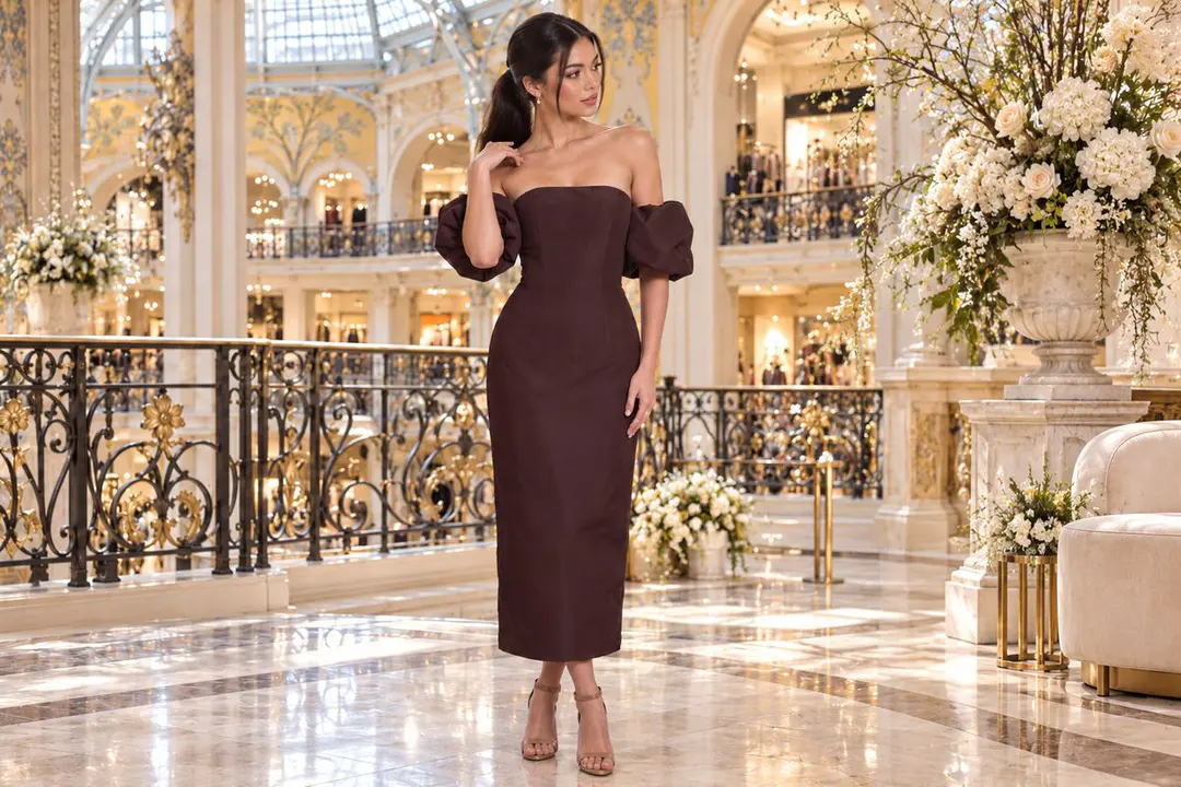 Brown strapless midi dress with puff sleeves