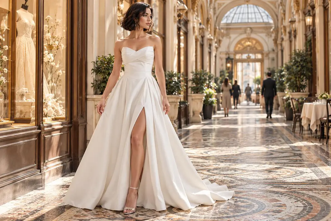 Strapless satin A-line wedding dress editorial