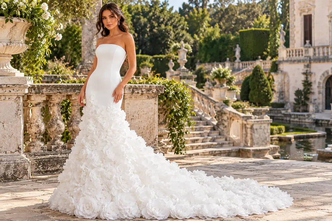 White mermaid wedding gown with dimensional florals