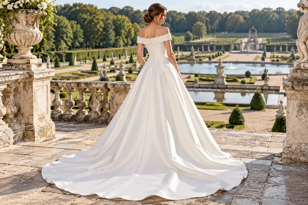 Ivory Mikado bridal gown with buttoned back
