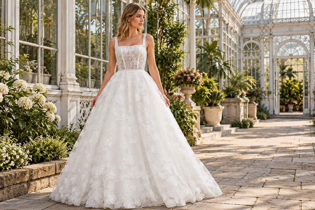 White embroidered tulle gown with floral appliqués