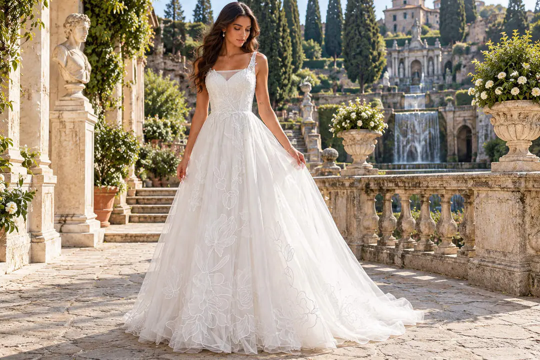 Ivory floral embroidered A-line tulle bridal gown