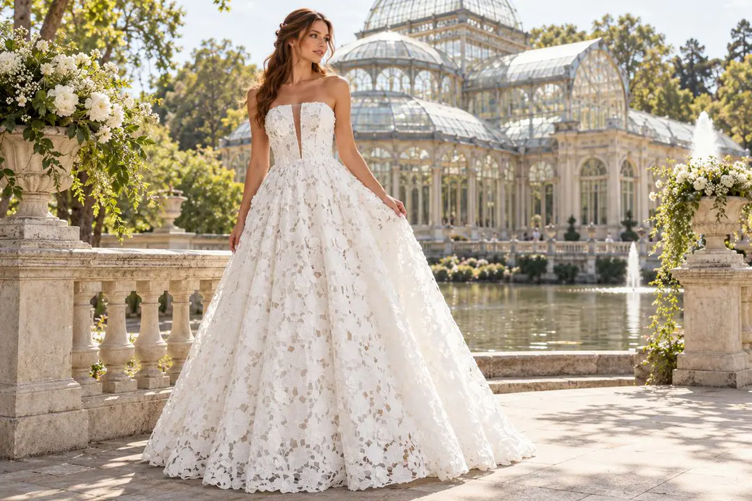 Ivory strapless bridal ball gown with appliques