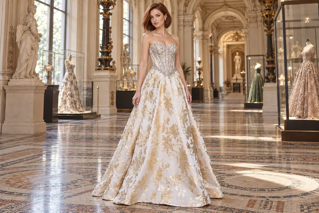 Ivory gold floral pageant gown editorial look