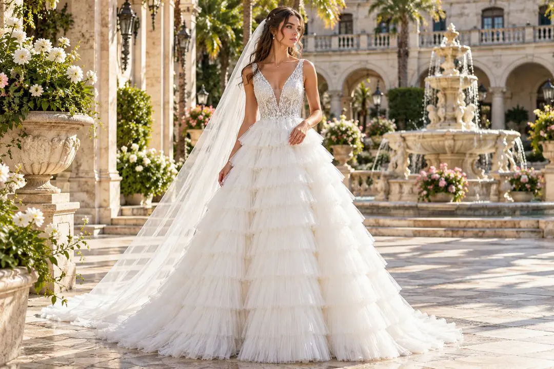 Ivory tiered tulle wedding ball gown