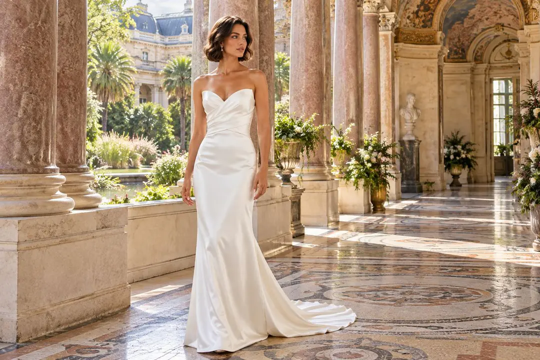White satin ball gown with voluminous skirt