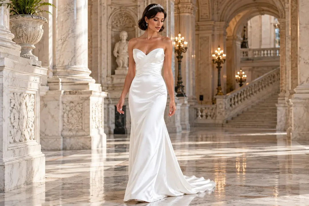 Ivory satin strapless sheath wedding gown