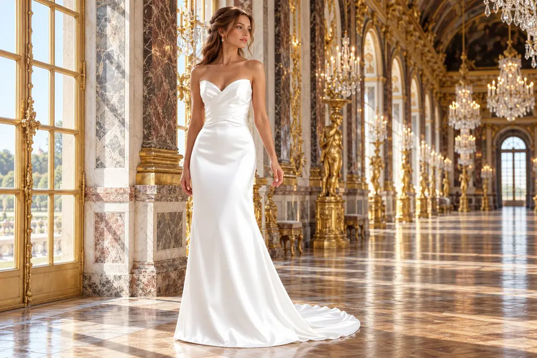 Ivory strapless satin sheath wedding dress