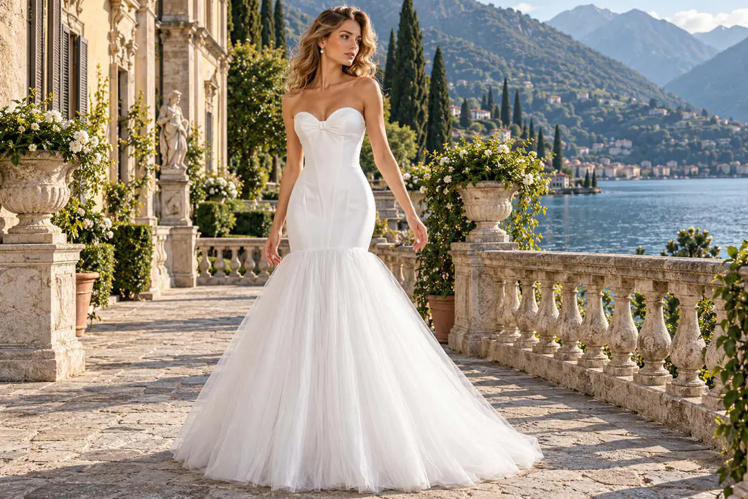 Ivory strapless satin mermaid tulle wedding gown