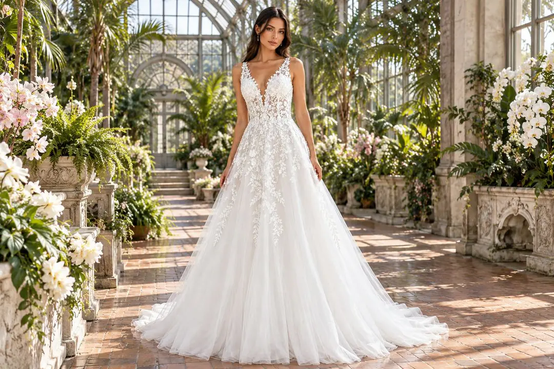 Ivory floral lace gown with sheer bodice