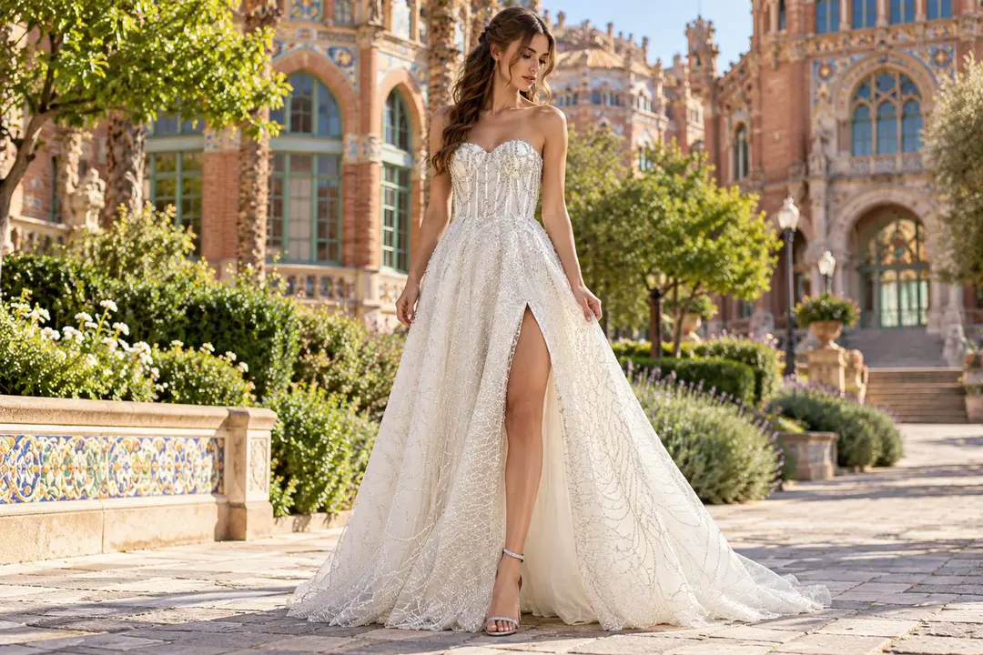 Ivory Silver Beaded Strapless Corset Wedding Gown