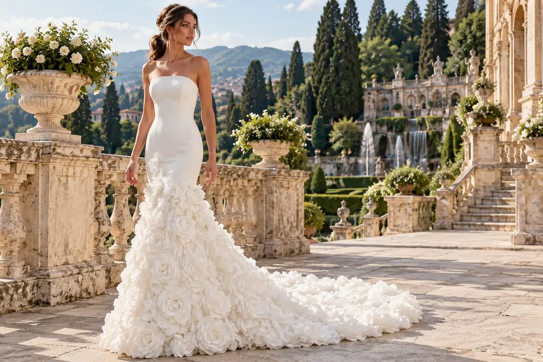 Ivory strapless mermaid wedding gown floral train