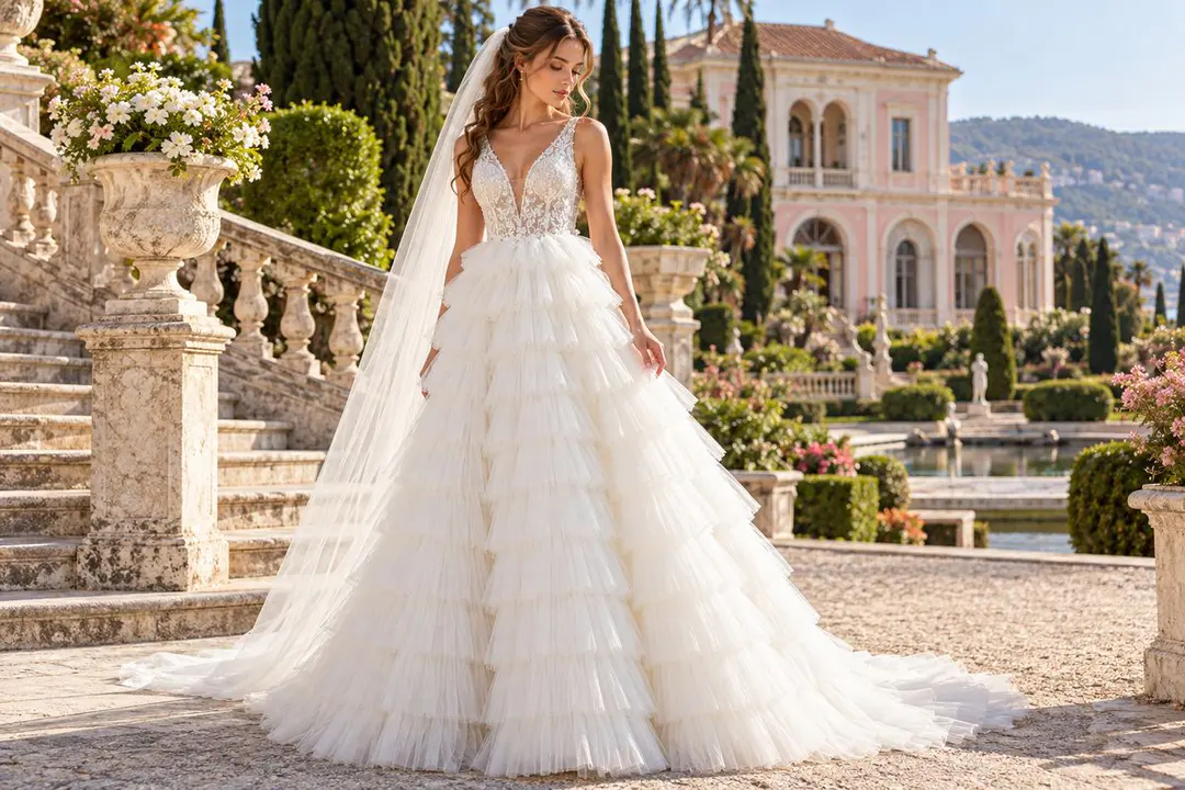 Ivory tiered tulle wedding gown with lace