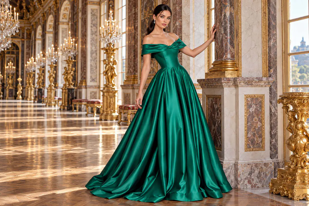 Emerald satin wedding guest gown with volume
