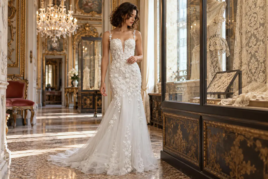 Floral appliqué bridal gown editorial look