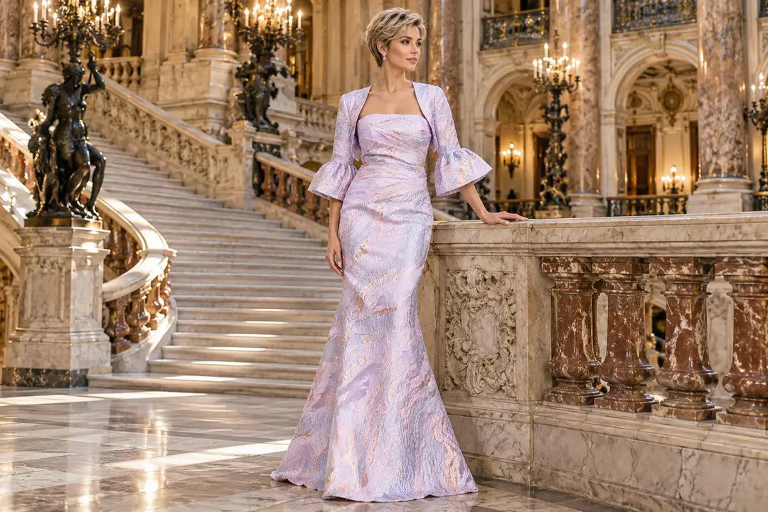 Mauve jacquard trumpet mother of bride gown