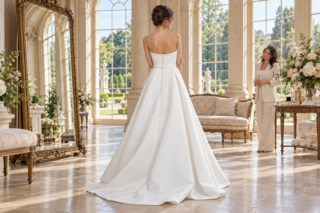Off-white Mikado bridal gown with back buttons