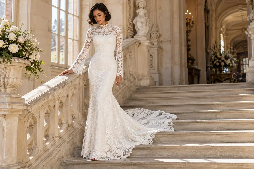 Off-white bridal sheath with sheer lace sleeves