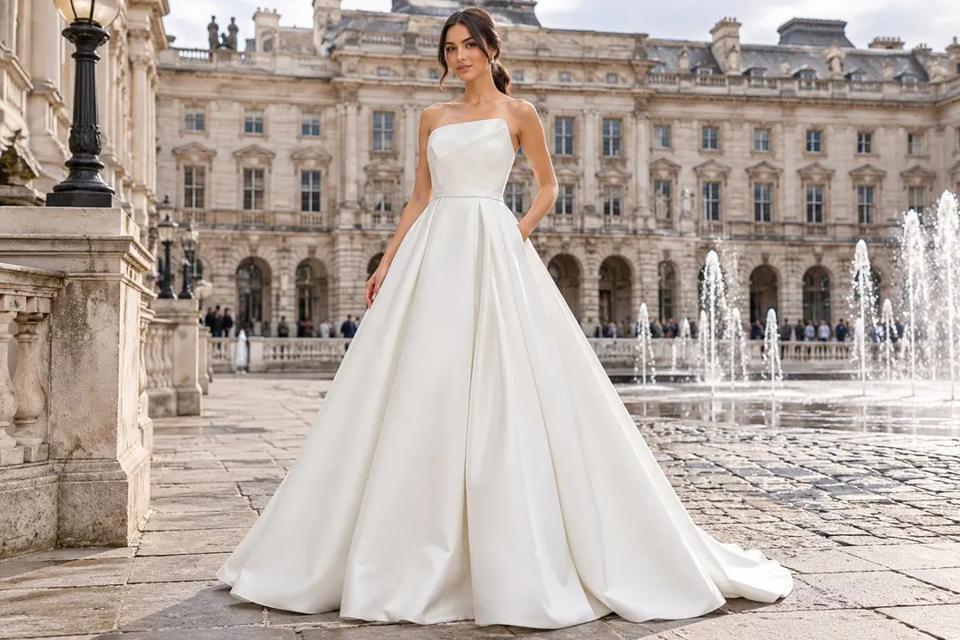 Off-white strapless pleated Mikado bridal gown