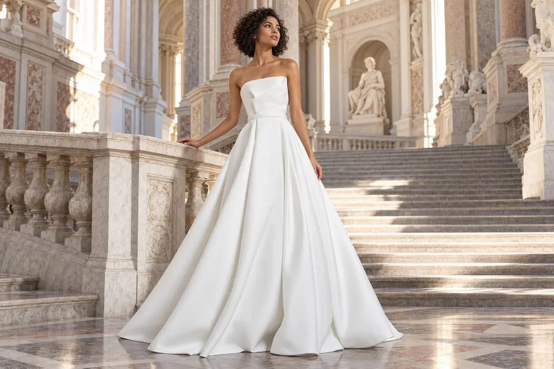 Off white strapless Mikado satin bridal gown