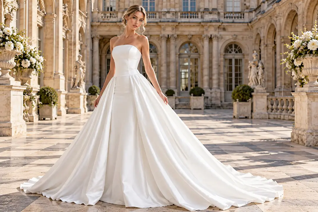 Off-white strapless satin wedding ball gown dress