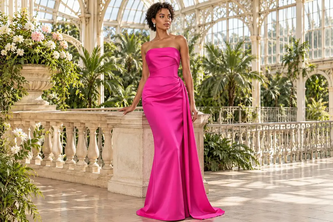 Fuchsia satin wedding guest dress details
