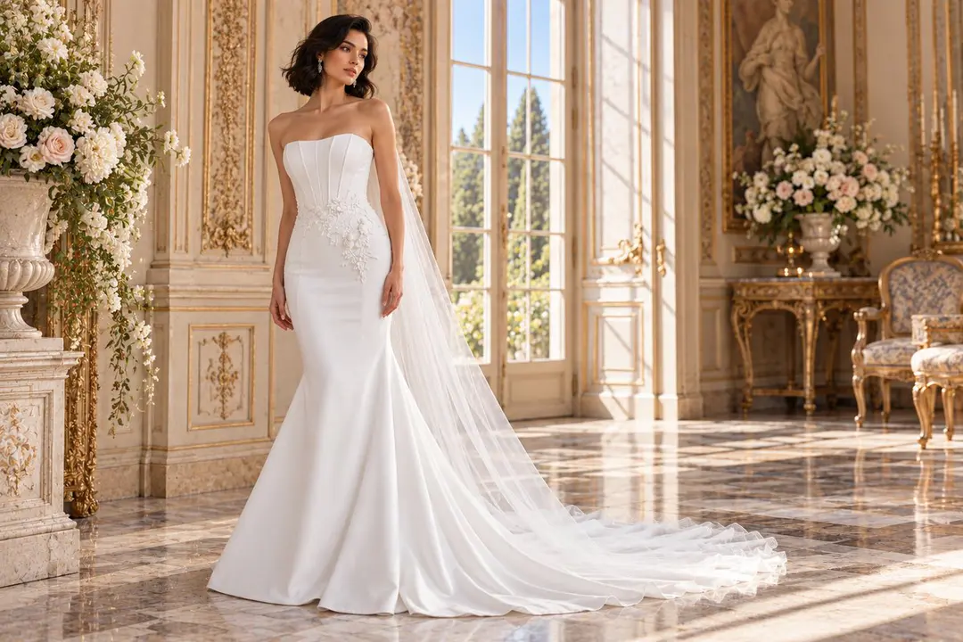 Strapless pleated bridal gown with floral appliques