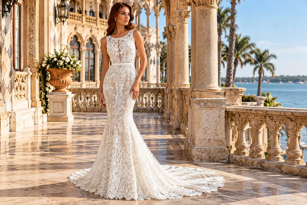 White floral lace mermaid wedding gown