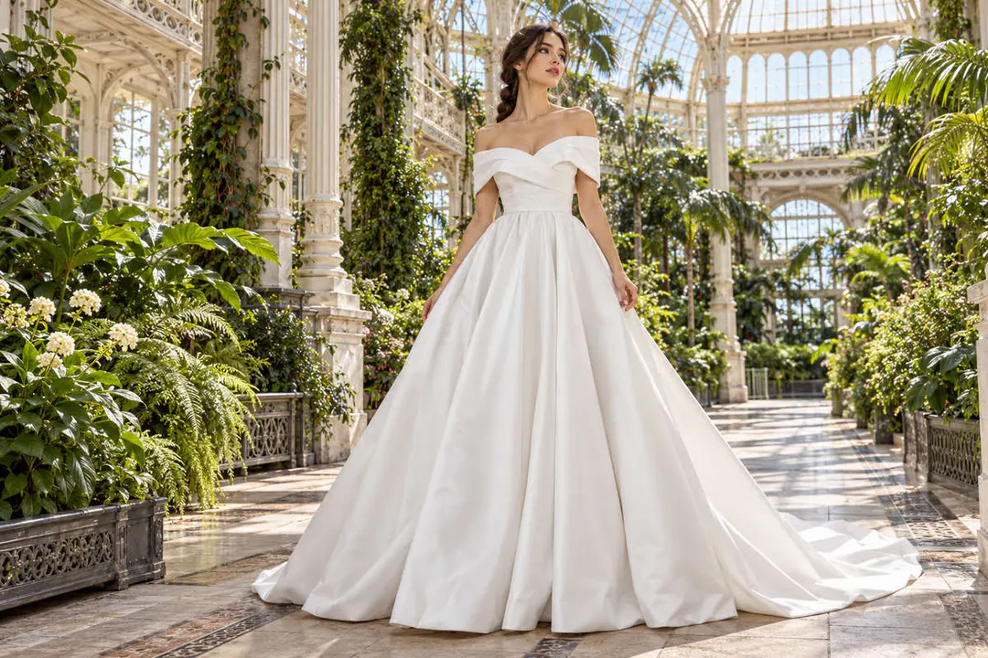 White satin off shoulder bridal ball gown