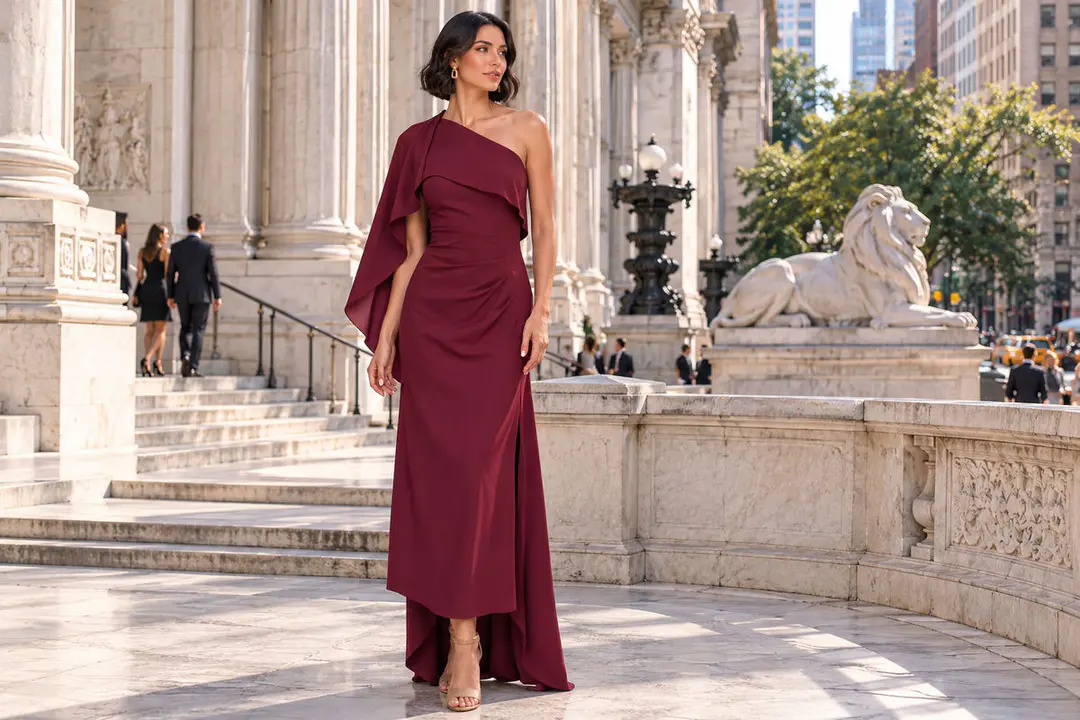 Burgundy one shoulder gown with cape sleeve