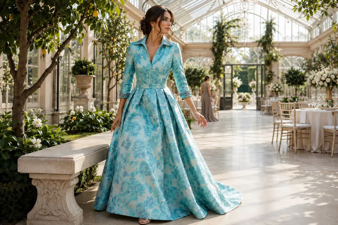 Aqua floral three quarter sleeve gown