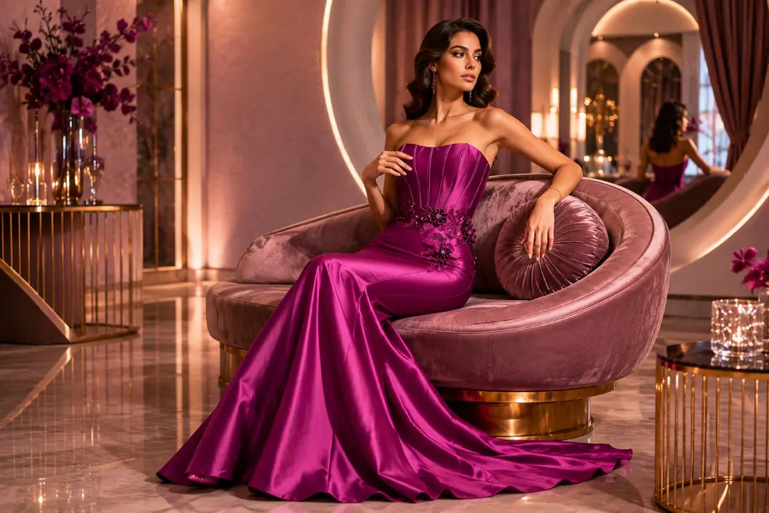 Berry satin mermaid gown with natural waist