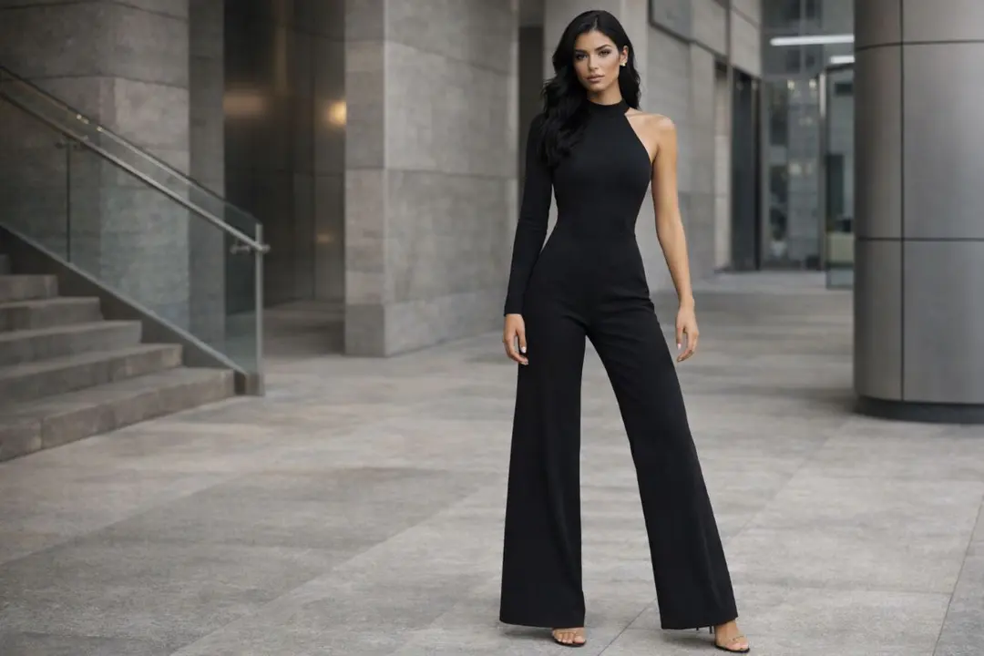 black asymmetrical jumpsuit wide leg modern