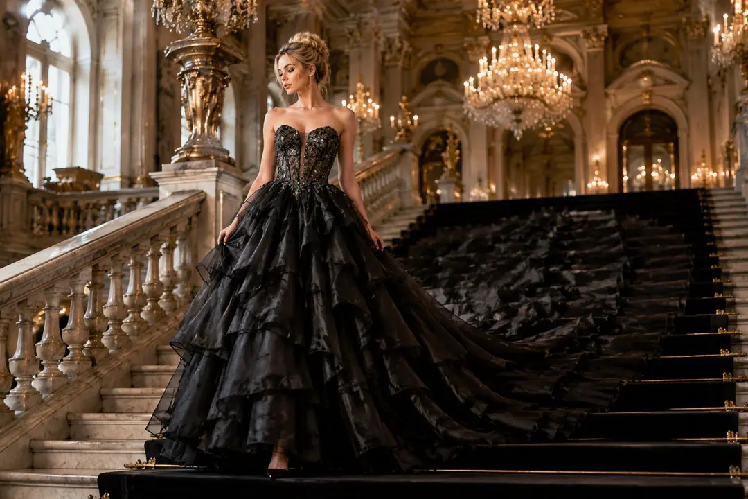 Black ball gown with dramatic cathedral train