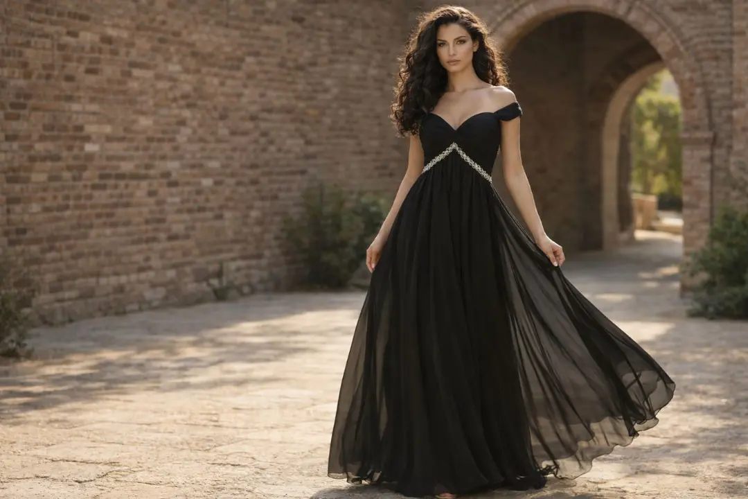 black chiffon A-line evening gown